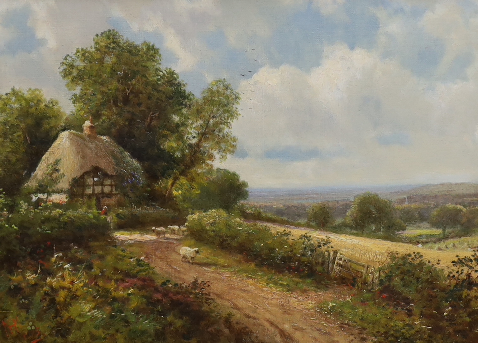 Henry Maidment (act. 1889-1914), oil on canvas, A Surrey cottage, monogrammed and dated, applied plaque to the frame, 27 x 37cm